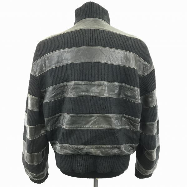 Cow Leather Padded Blouson Border Design Snap Button Hidden Placket Black L(USED)