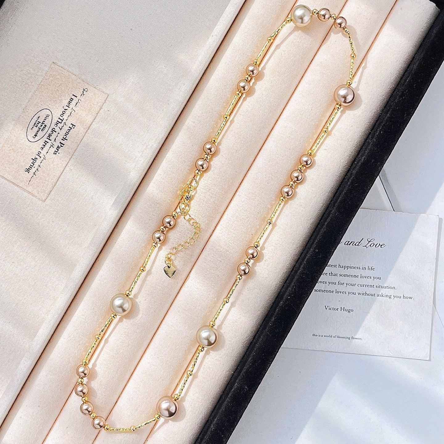 High Quality Maillard Style Artificial Crystal Pearl Necklace Neck Chain Sweater Chain Women
