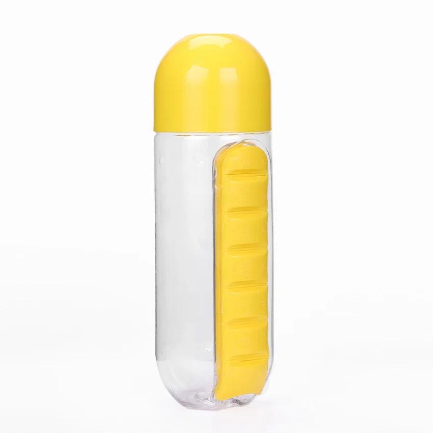 1PC 600ml Sports Plastic Water Bottle Combine Daily Pill Boxes Capsule Water Cup Medicine Organizer Drinking Bottles