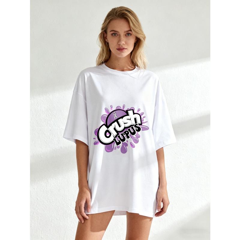 Oversize Women's Short-Sleeve T-Shirt with Pink-Purple Graffiti-Style "Crush Lupus" Lupus Awareness Ribbon Print