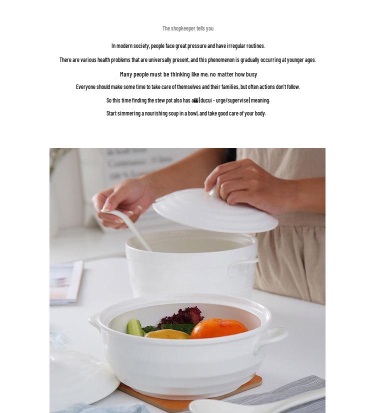 Double Ear Ceramic Soup Bowl Set with Lid - Microwave Safe, Includes Large Spoon and Tureen, Pure White, Creative Design (8 Bowls)