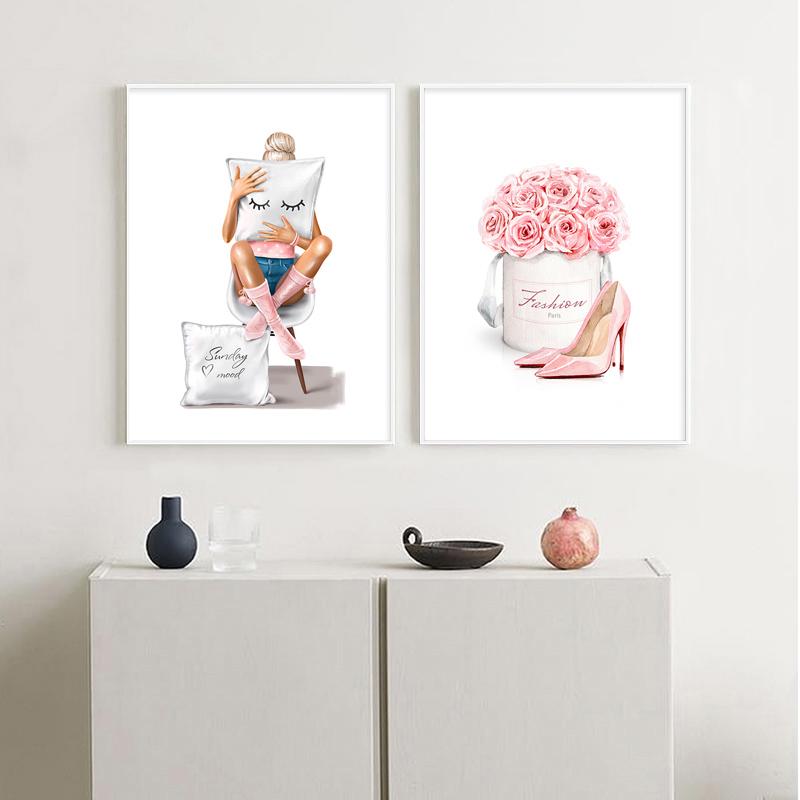 Fashion Girl Art Canvas Painting Perfume Bottle Heels Lipstick Handbag Nordic Posters And Prints Wall Pictures Room Decor