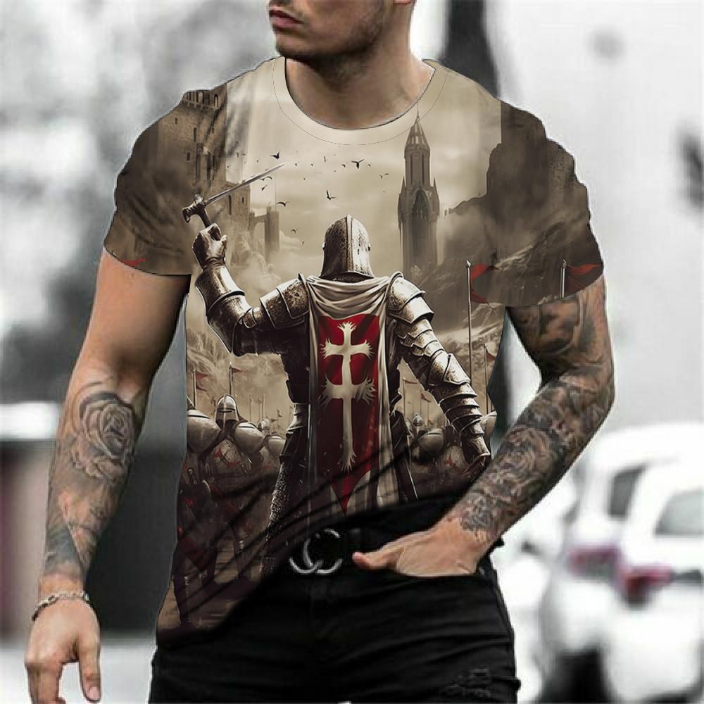 Retro Knights Templar Cross Print Unisex's T-shirts Summer Casual Loose Round- Neck Tee Shirt Sports Tees Oversized T Shirt For Unisex