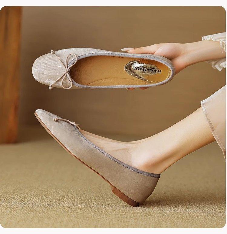 French Retro Ballet Flat Shoes Women's Spring and Autumn Doudou Shoes Round Head Bow Light Mouth Versatile National Style Single Shoes