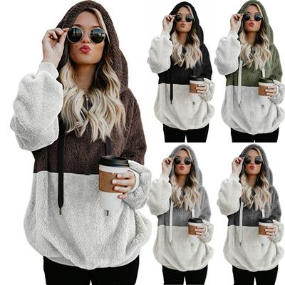 Women's Fashion Color Blocking Hooded Stitched Long Sleeve Zipper Plush Sweater