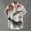 Men's Loose-Fit Short-Sleeve Stand-Collar Beach Vacation Shirt Lightweight, Casual, Red Blue Small Fish Print