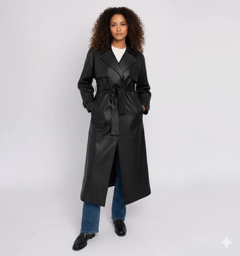 

Casual Handmade Lambskin Party Stylish Genuine Women s Coat Trench Black Leather 3XL чорний