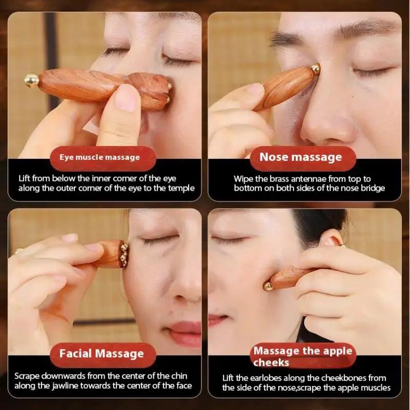 1pc Handheld Brass Lotus Eye Massage Stick Raw Wood Beauty Eye Relaxation Spot Meridians Acupoint Massage Facial Gua Sha Tools