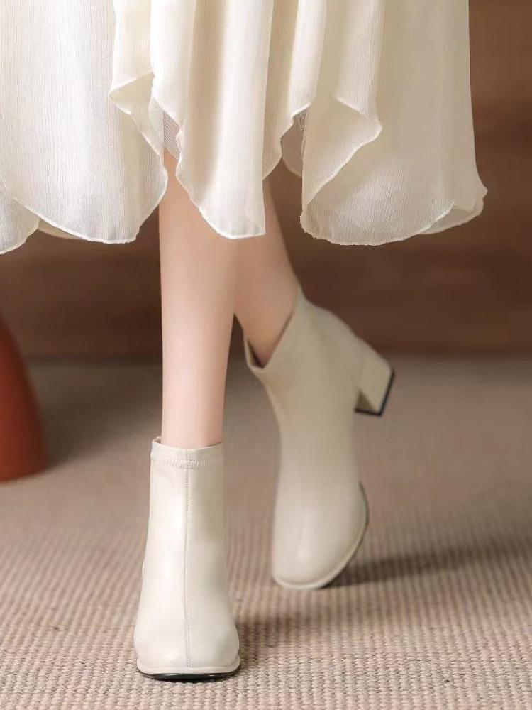 Elegant with Medium Heels Fleece-Lined Leather Booties Autumn Winter Square Toe Women's Ankle Boots New In Female Short Shoes