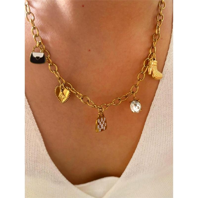 Rhinestones Embellished Love Sachet Charm Necklace Stainless Steel Clavicle Chain Fashion Jewelry Accessory