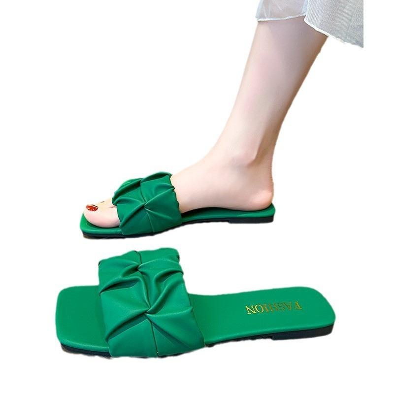 Cool Slippers Women's Summer New One-word with Flat Bottom Large Size 4142 Square Head Ladies Slippers