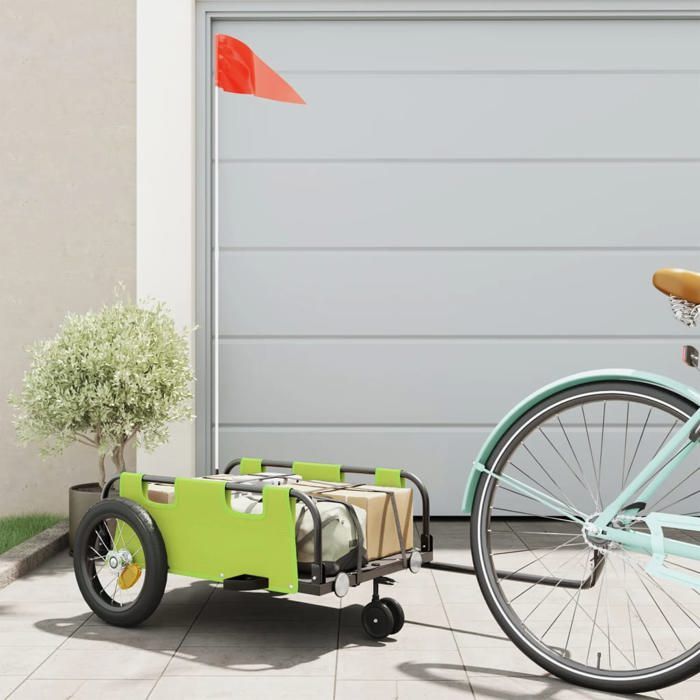 VidaXL Remorque de Vélo, Chariot de Transport avec Barre d'Attelage, Remorque de Bicyclette avec Drapeau pour Bagage, Vert 94186