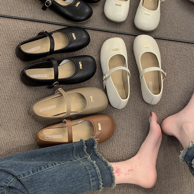 Popular shallow soft-soled single shoes 2025 spring new letter one-word buckle French simple single shoes temperament flat shoes