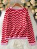 European Wave Stripe Round Neck Sweater – Women's Casual Long Sleeve Knitwear for Autumn & Winter.