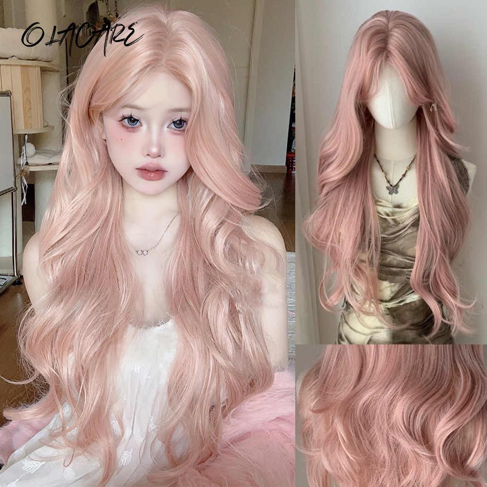 OLACARE Lange Body Wave Zwart Bruin Paars Cosplay Pruiken Hittebestendig Synthetische Pruiken Midden Scheiding Natuurlijk Lolita LM Pruiken Dames gray