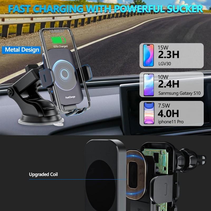 Universal Car Phone Holder With 15W Fast Wireless Charging Dashboard Vent Mount Auto-Sensing Clamp ABSMetal Slim Design