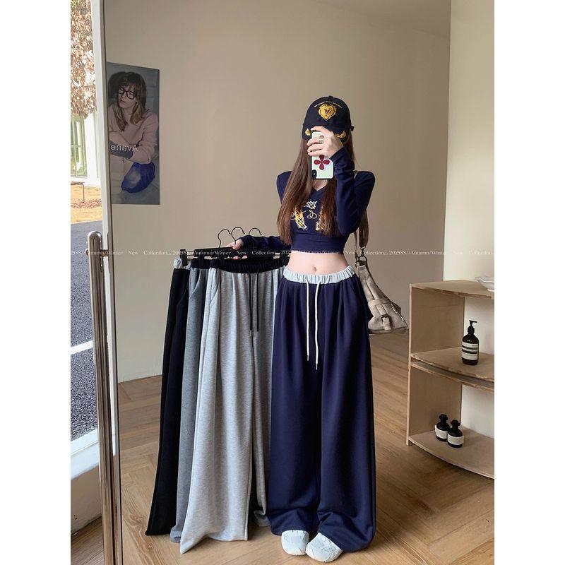 Kumikumi Idle Style Waist Head Patchwork Drawstring Drape Casual Pants Women Autumn All-Match Loose Wide-Leg Pants Trousers