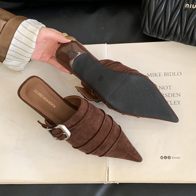 Fashion SUOJIALUN 2025 New Brand Women Slipper Fashion Pointed Toe Slip On Mules Shoes Thin Med Heel Outdoor Dress Slides Pumps Shoes