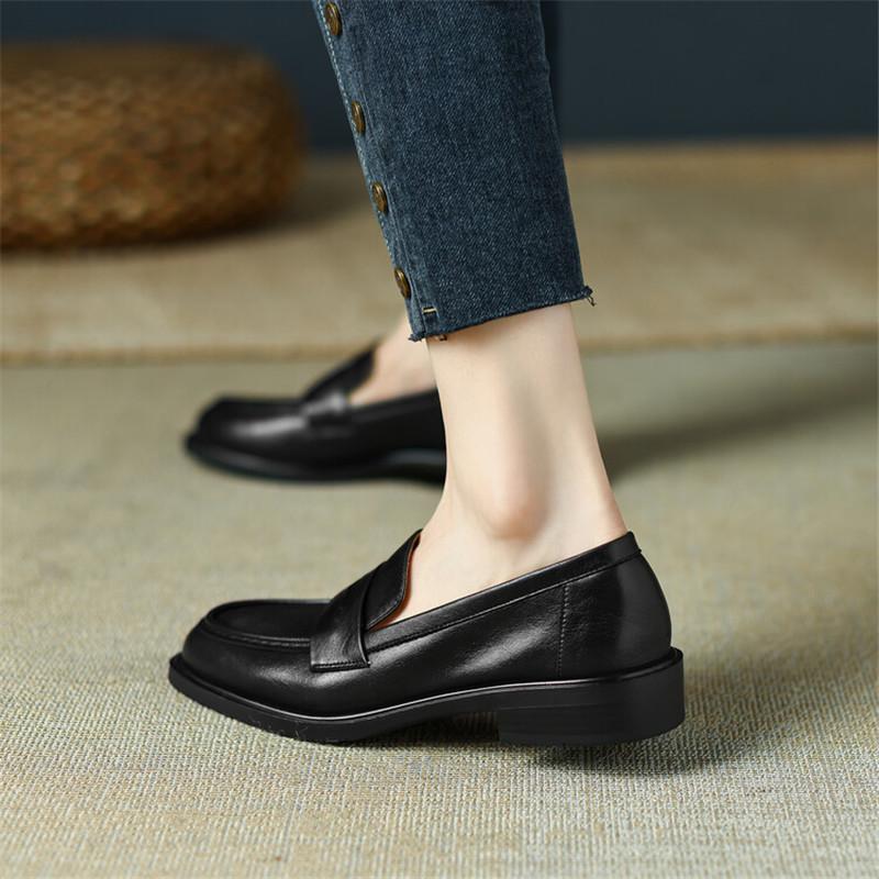 Fashion Spring Cow Leather Women Shoes Casual Round Toe Loafers Thick Heel Slip-On Shoes for Women Retro Women Pumps Zapatos De Mujer