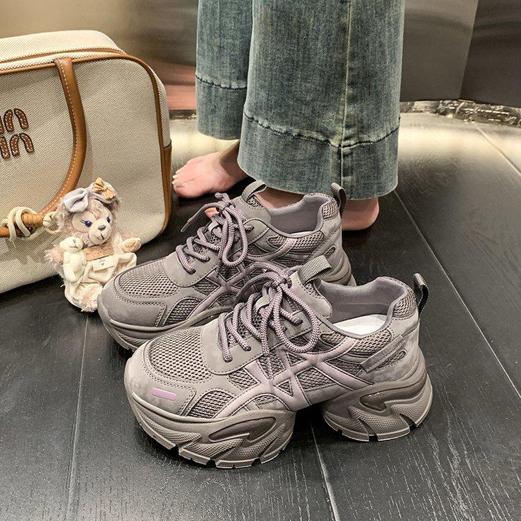 Leather heightening dad shoes women's 2025 autumn new thick-soled four-season comfortable running casual versatile sports shoes