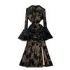 Fancy Adult Lady Like Woman Wear Sexy See-through Mesh Flared Sleeves Retro Print Silm Split Fishtail Skirt Dress