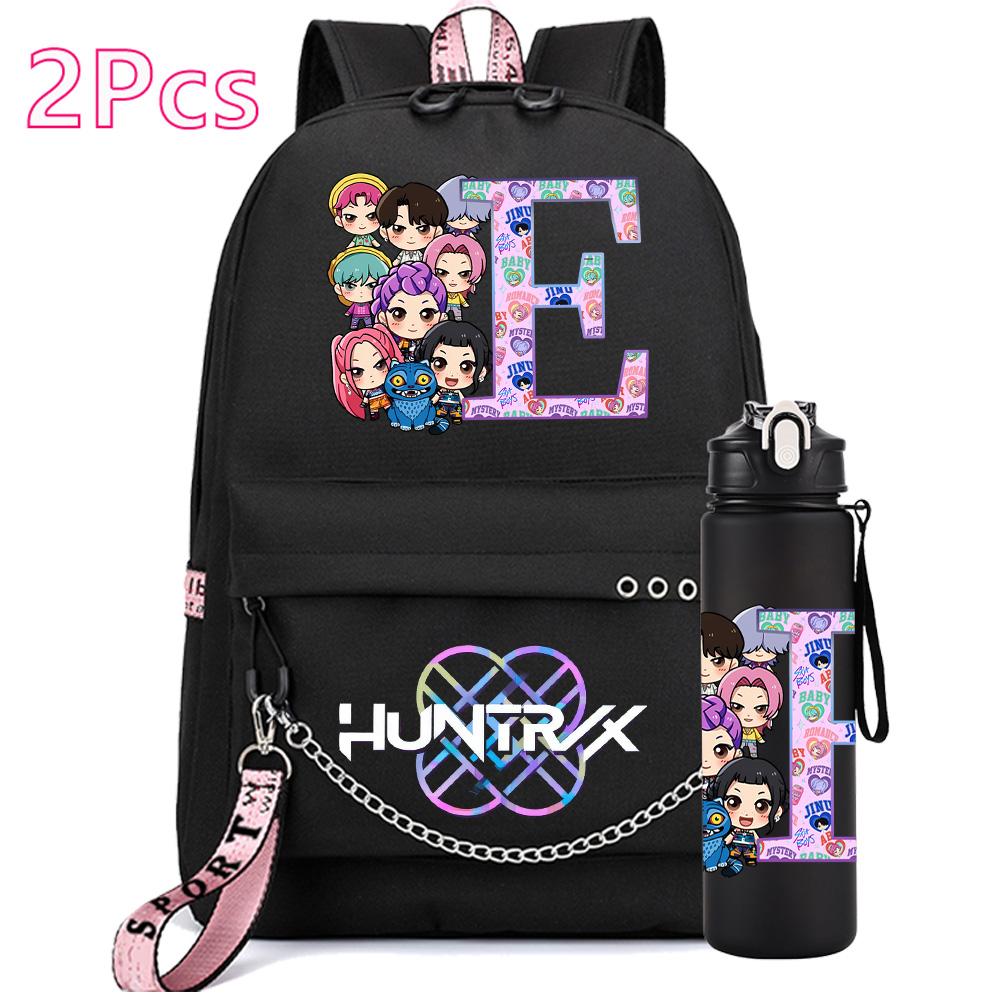 2Pcs/set 26 English Letter K-pop Printed Backpack with 750Ml Water Bottler for Teenager Girl Boy Bookbag Kid Gift Large Capacity Waterproof Travel Bag