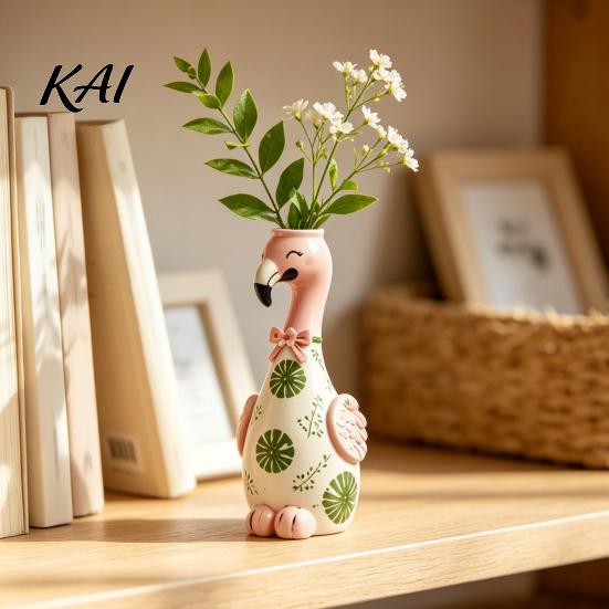 Durable Resin Sculpture Vase Cute Flamingo Decorative Vase, Pink Flower Holder Figurine, Small Tabletop Statue Decor Ornament for Dried Artificial