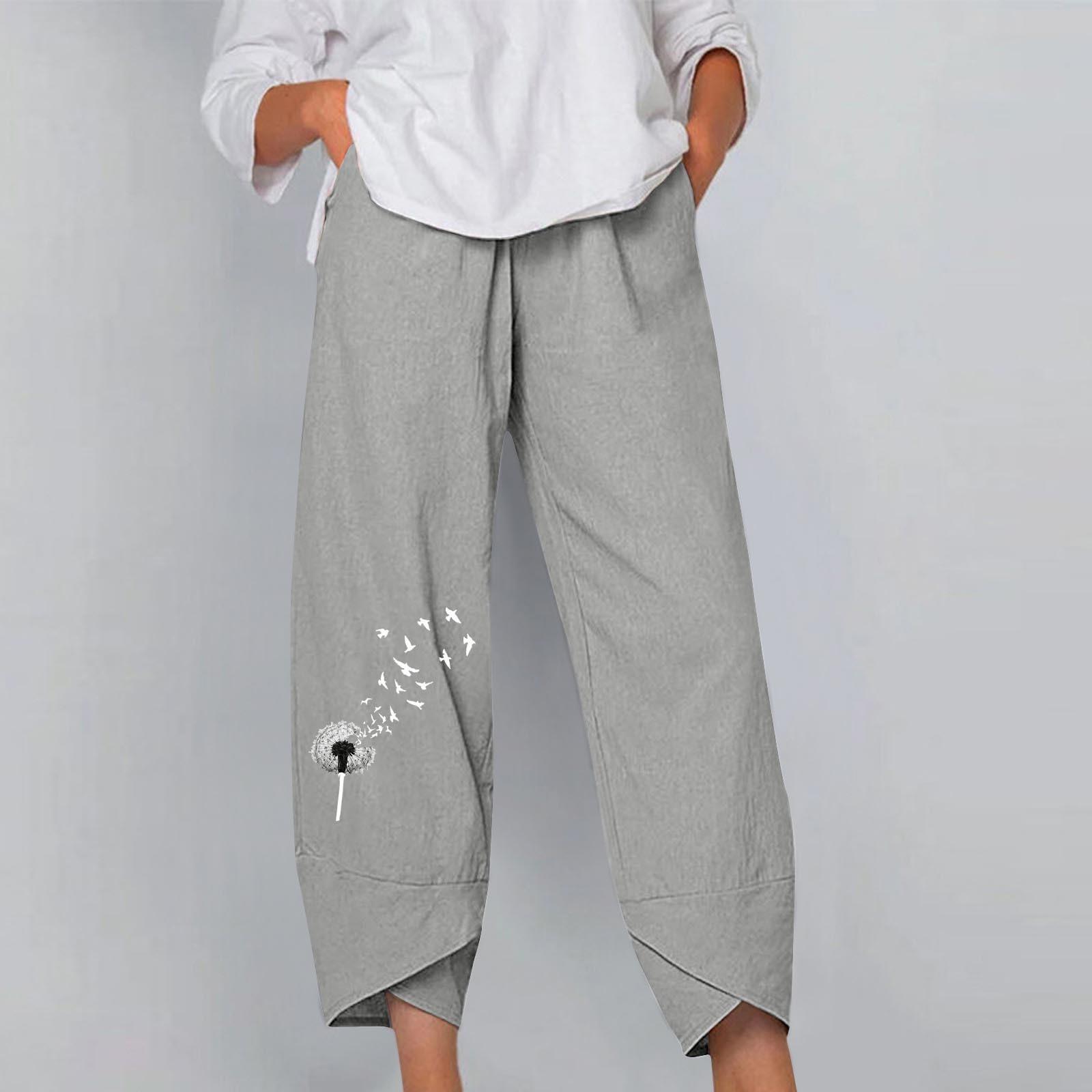 

Женские модные свободные домашние повседневные брюки из хлопка и льна с эластичной резинкой на талии и принтом S