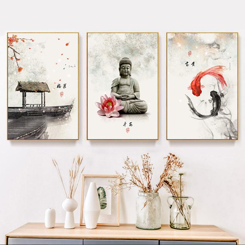 Decorative Painting Buddha Statue Wall Painting Living Room Hanging Painting Chinese Style Art Paintings Wall Art Canvas