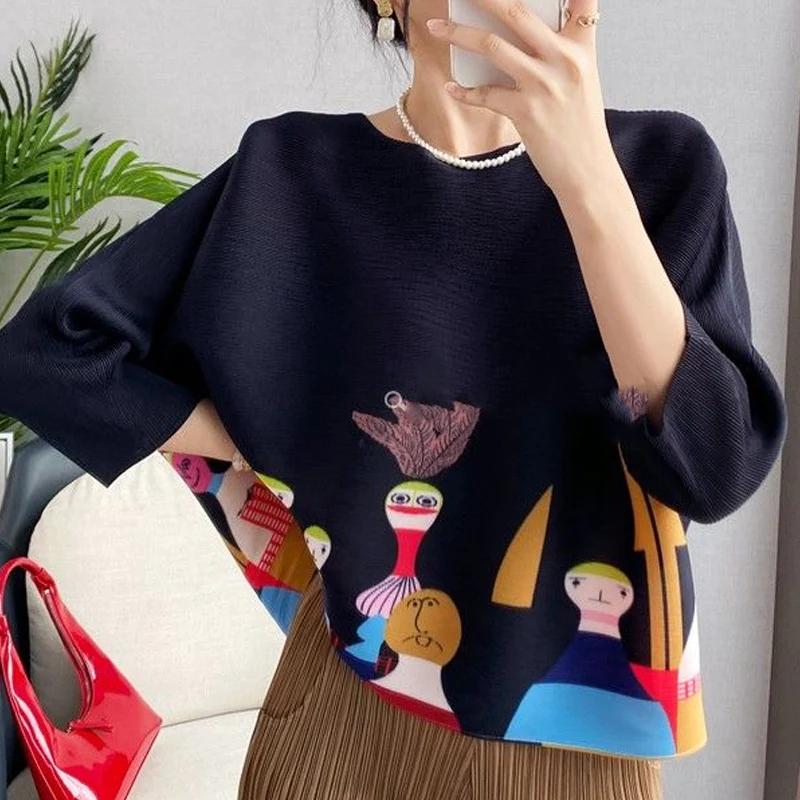 Sommer Rundhals Dreiviertel T-Shirts Damen Lässig Locker Druck Pullover Tee Damen Elegant Plissiertes Oberteil