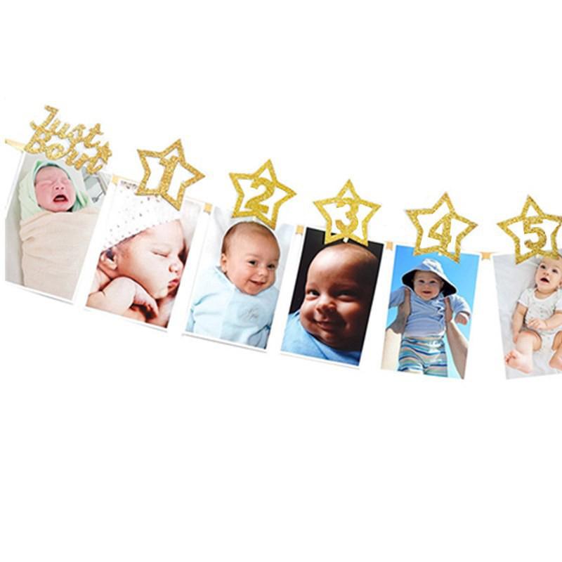 12 Months Po Frame Banner First Happy Birthday Party Decorations Kids 1St Baby Boy Girl One Year Birthday Supplies