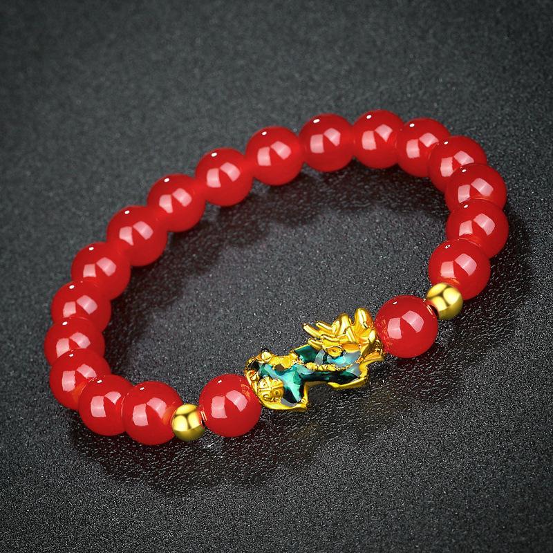 Vietnamese Sand Gold Pixiu Bracelet with Imitation Hetian Jade & Green Agate Beads, Women's Discoloring Stone, TikTok Style.