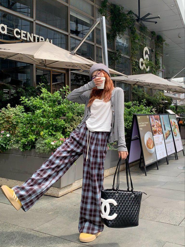 Damen Modische Karohose mit hohem Bund - Locker, Gerades Bein, Vielseitiger Herbststil