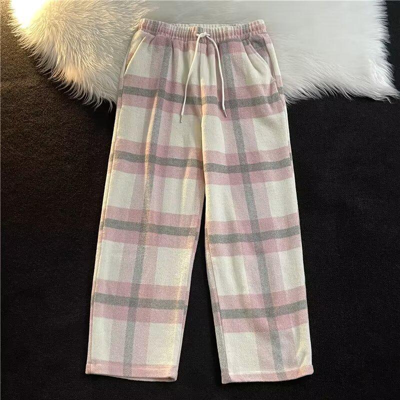 Women's Pink Plaid Woolen Wide-Leg Pants: Thick, Straight, 2024 Style, Slim-Fit.
