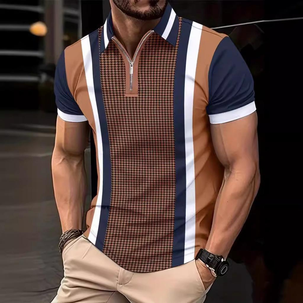 Striped Printed Polo Shirt Men's Daily Outdoor Casual Lapel Short Sleeve Polo Shirt