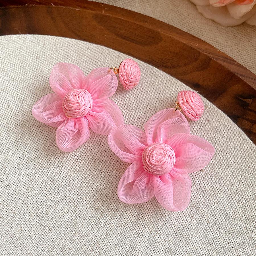

Silver needle raffia chiffon flower pendant earrings fresh and sweet vacation style earrings niche high-end earrings women
