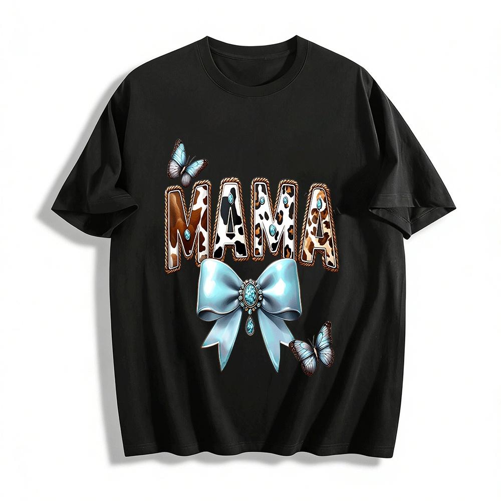 

Western Style Leopard Cow Print MAMA Gem Bow Casual Top Pure cotton T-shirt XXS