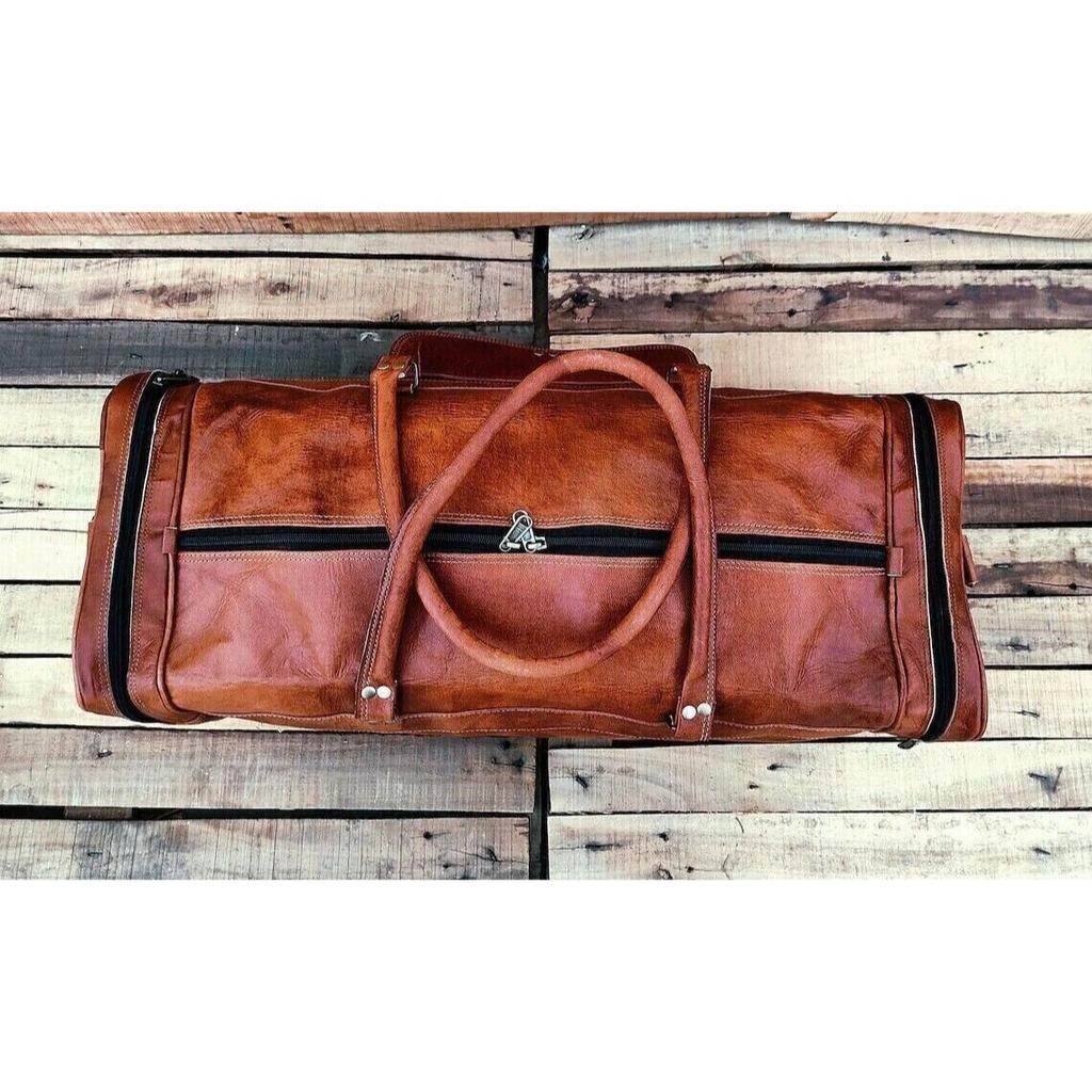 Bolsa de couro de cabra Duffle masculina para viagem, academia, bagagem genuína marrom, nova, vintage, escura