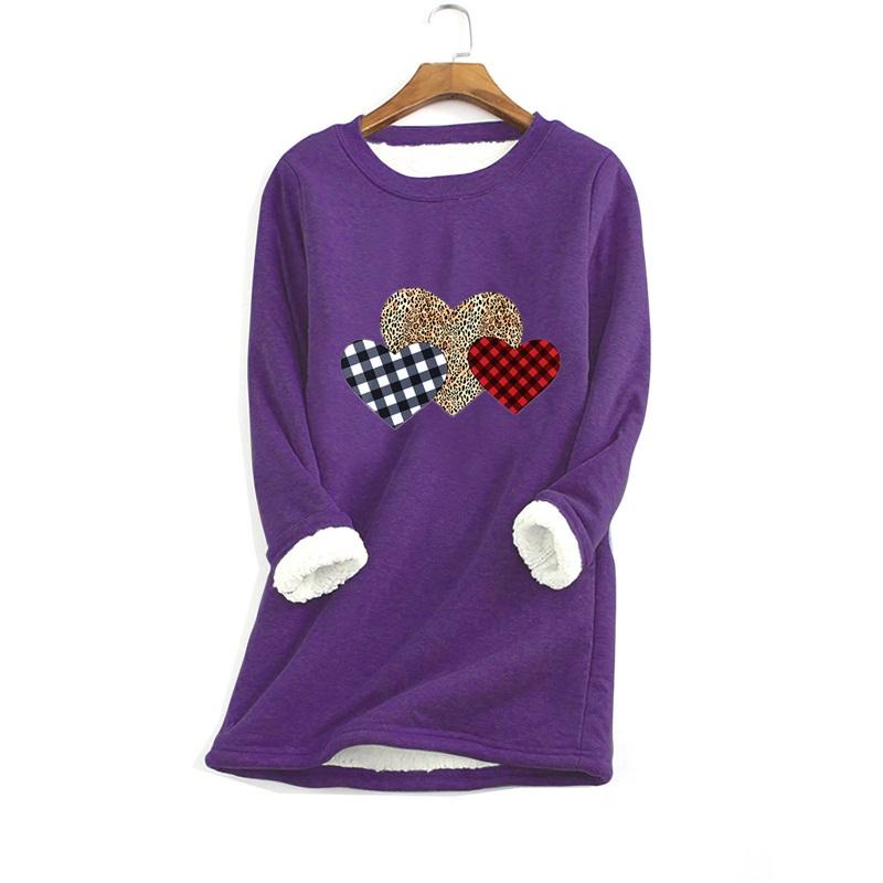 Women Crew Neck Long Sleeve Sweatshirt Plaid Leopard Heart Print Casual Loose Warm Pullover Tops