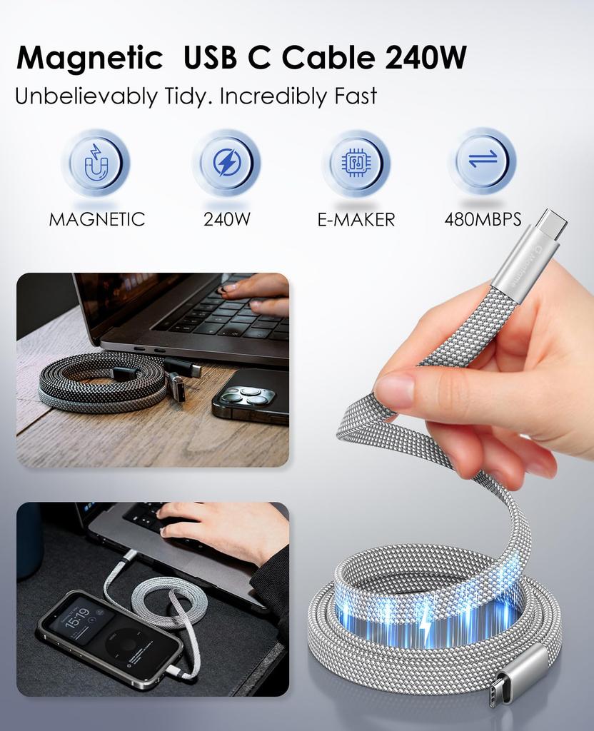 Magtame with Magnetic Fast Cable with Metal Connectors and Double Nylon Compatible with iPhone Xperia Type-C Cable, Flat, Self-Retraction, 240W/5A