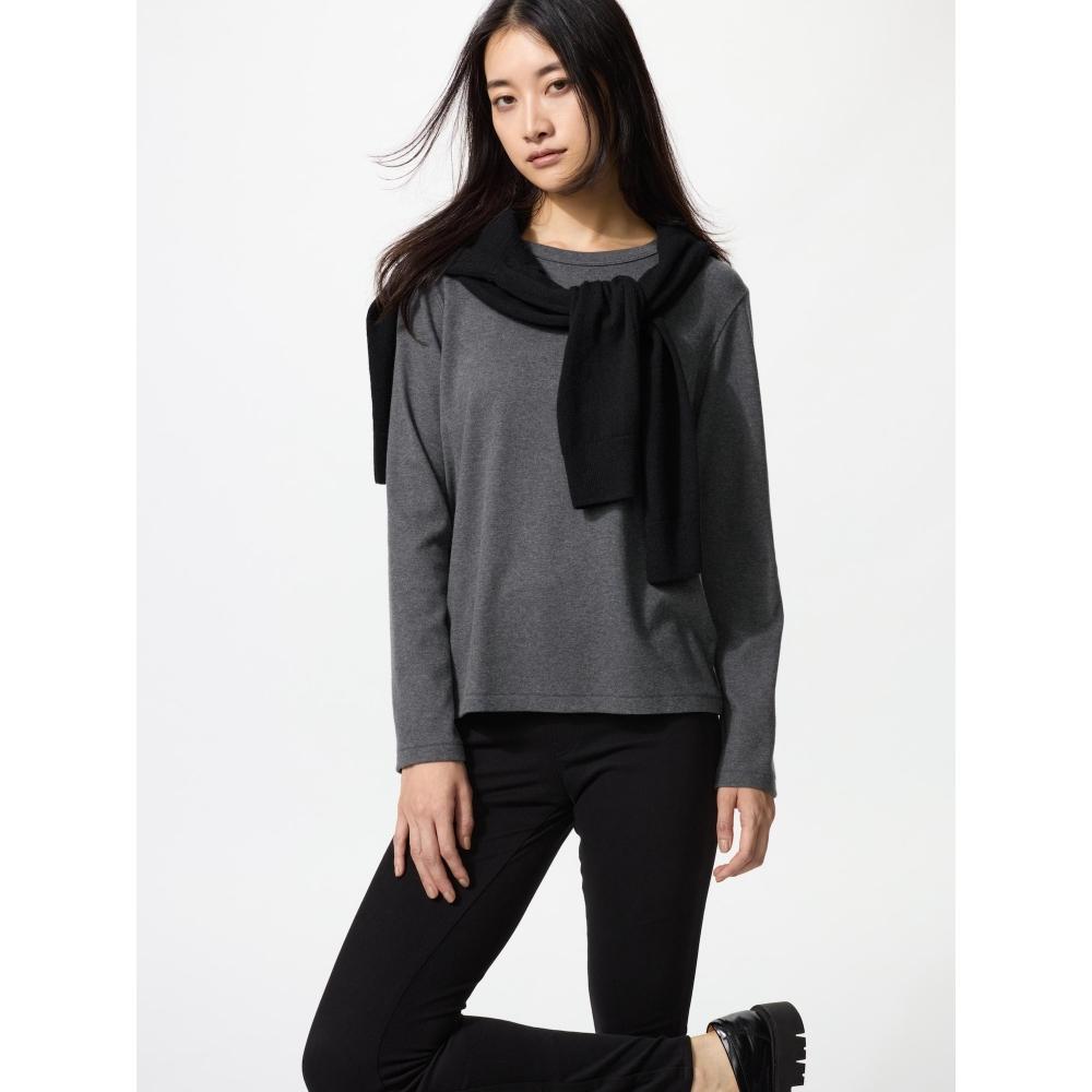 Uniqlo Хлопковая футболка с круглым вырезом и длинным рукавом с гладкой эластичной текстурой