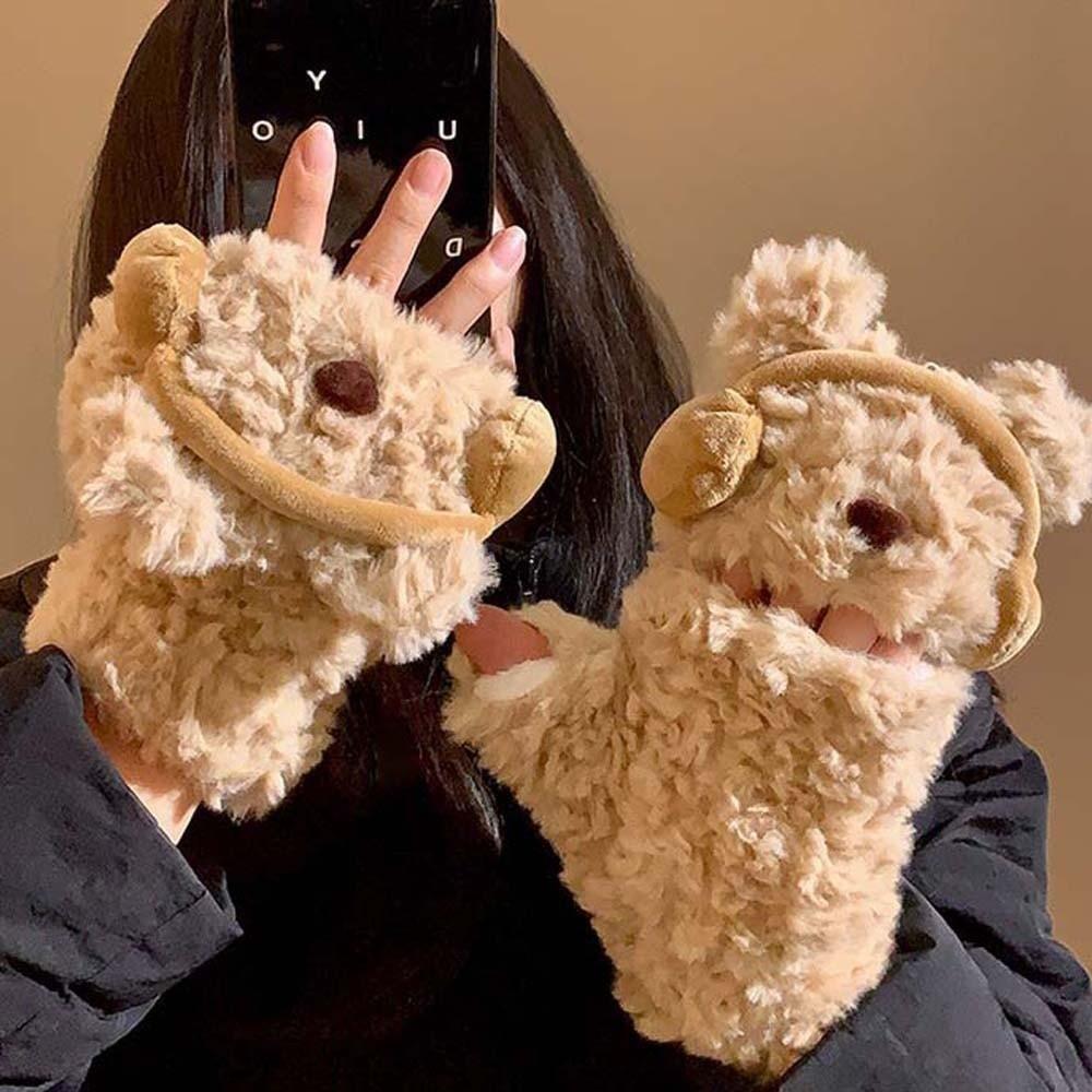 Windproof Winter Plush Gloves Flip-top Anti-cold Mittens Creative Cartoon Bear Gloves Outdoor