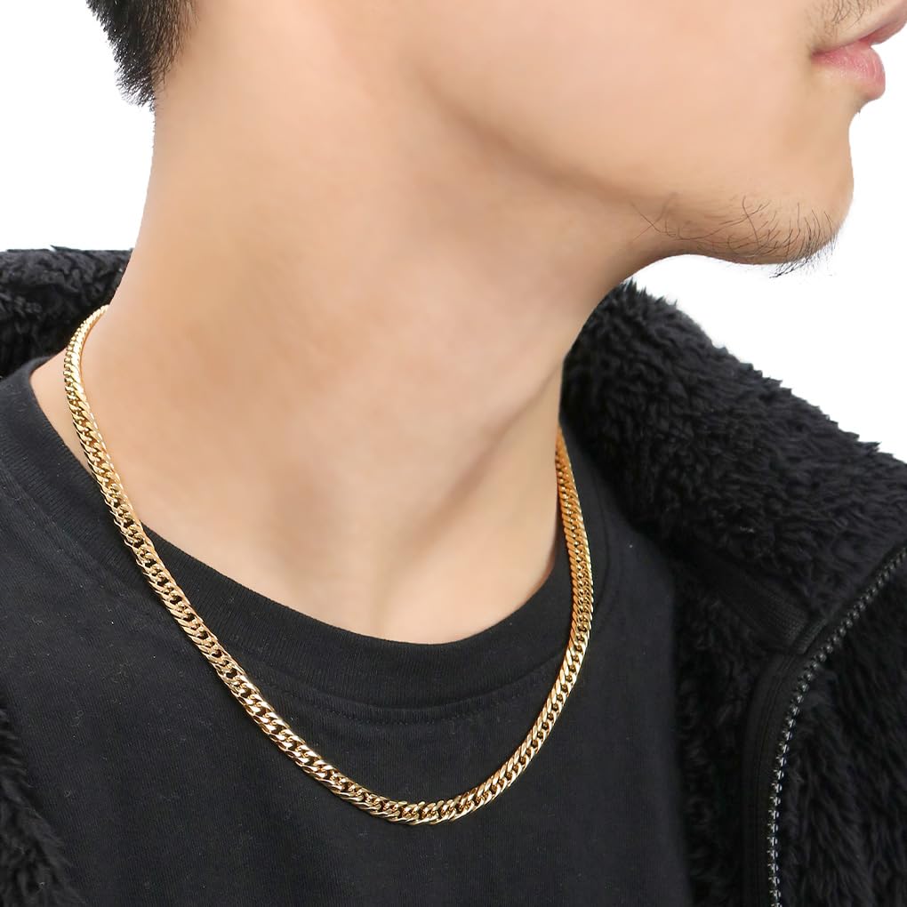 ROEN BLACK 6-Sided Double Curb Chain (Gold) Stainless Steel Necklace, 5.5mm Wide, 50cm, Men's, Suitable for Men with Metal Allergies