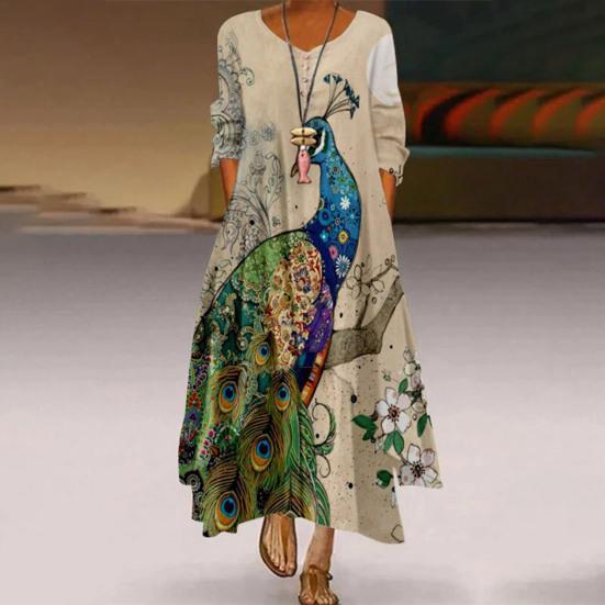 Ethnischer Stil, O-Ausschnitt, halbe Ärmel, Maxikleid, Taschen, knöchellang, A-Linie, Pfauenmuster, unregelmäßiger Saum, Tunika-Kleid, Streetwear