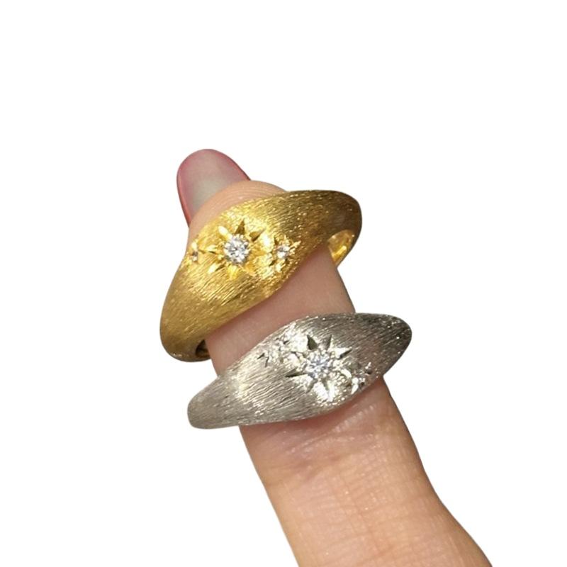 925 Silver Vintage Brushed Six Star Awn Female Ring with Diamonds Antique Gold Craftsmanship Star Rings for Women Jewelry