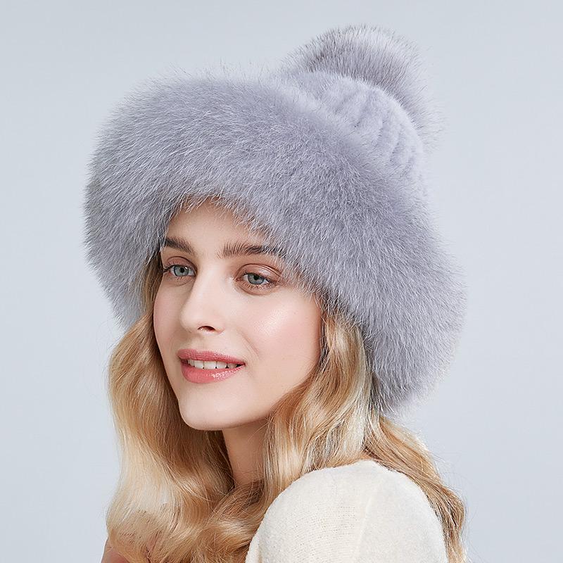 Genuine Mink Fur Beanie Hat Winter Womens Fox Brim Hats Thick Warm Fox Fur Caps With Pompom Fashion Fur Knit Beanies
