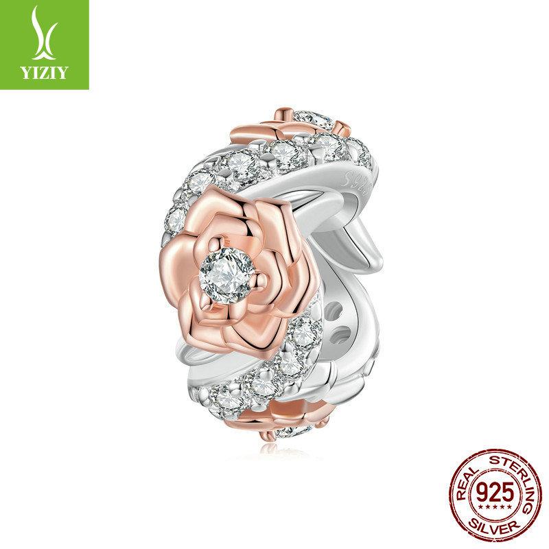 Rose Gold-Plated Rose Diy Bracelet Beads, Romantic High-End S925 Silver Beads Loose Beads