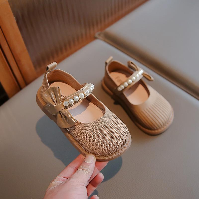 

New Girl Princess Knitted Shoes Chic Versatile Soft Elegant Fashion Bowknot Beading Kid Loafers Wedding Slip-on Mary Jane H03256 23 хаки