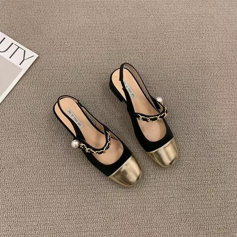Coarse Heel High Heel Baotou Sandals 2025 Summer Pearl Chain Back Empty Women's French Medium Heel Mary Jane Single Shoes Women
