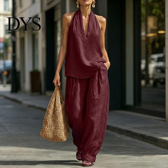 Einfaches Elegantes Anzug Zweiteiliges Baumwoll Leinen Sets für Damen Ärmellos V-Ausschnitt Lässig Formell Tragen Neckholder Top Passende Weite Hosen Sommerurlaub